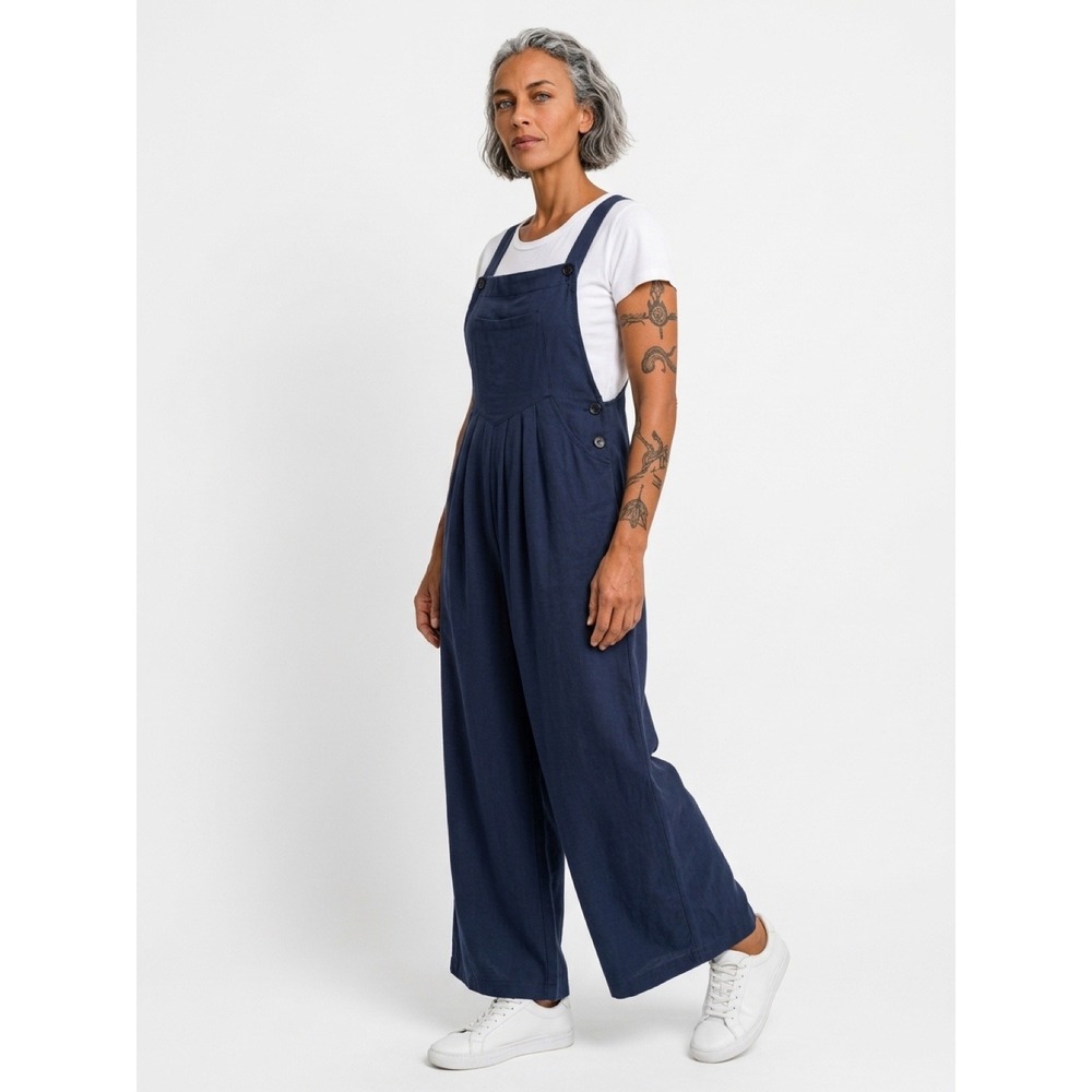 Halara Navy Blue Waffle Knit Wide Leg Jumpsuit S Petite Adjustable Straps Pocket